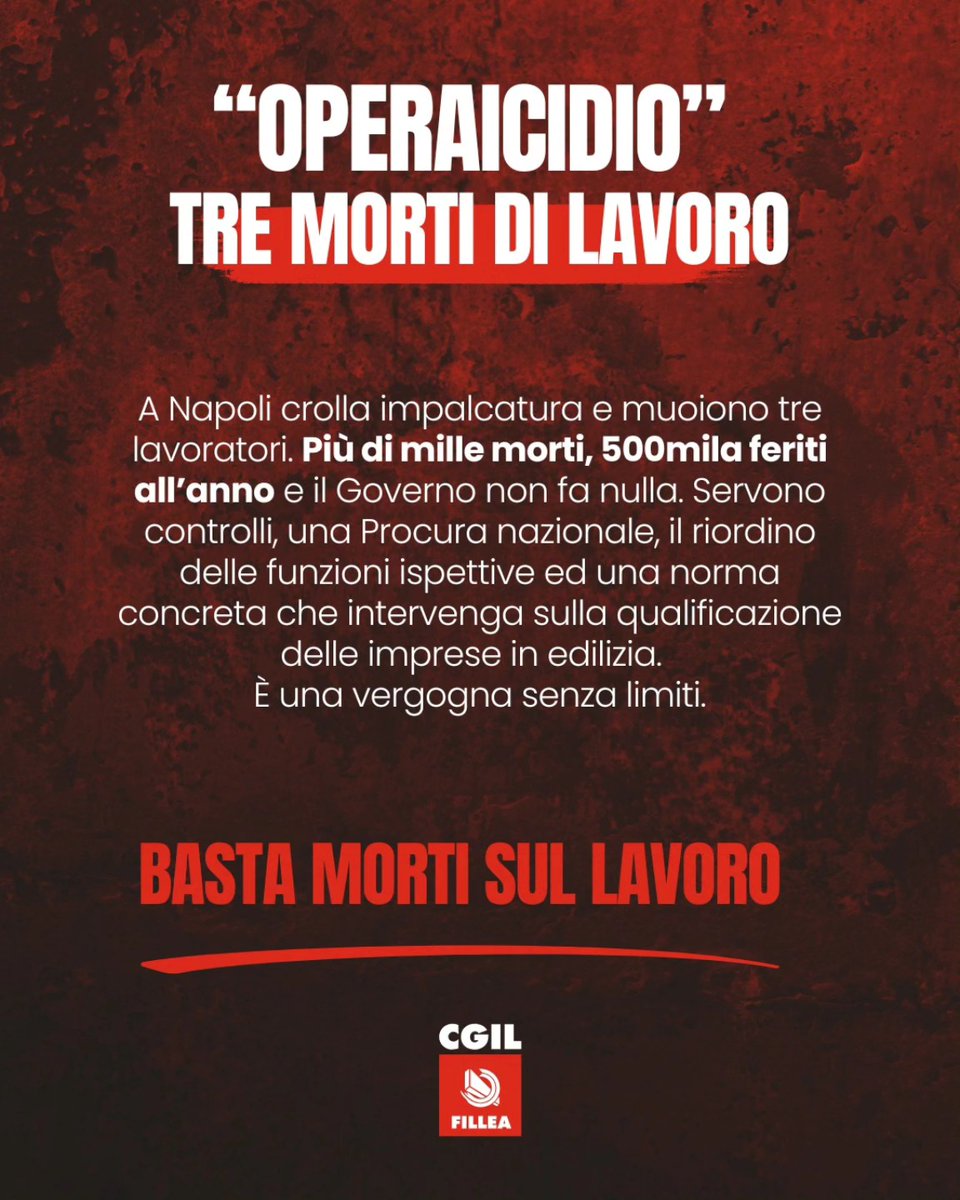 filleacgil's tweet photo. 📷 𝐎𝐏𝐄𝐑𝐀𝐈𝐂𝐈𝐃𝐈𝐎, altre morti di lavoro. A Napoli crolla impalcatura e muoiono tre lavoratori.  Servono controlli, una Procura nazionale, il riordino delle funzioni ispettive ed una norma concreta che intervenga sulla qualificazione delle imprese in edilizia https://t.co/hCJLMBkTIB