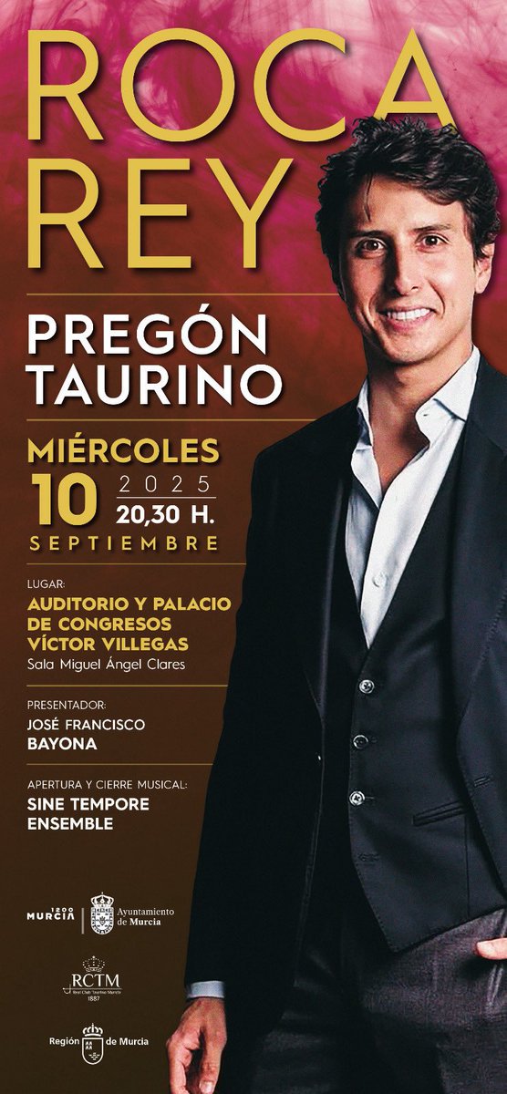 Entradas sueltas para la presentación de <a href="/RocaRey/">Andrés Roca Rey</a> en la Condomina <a href="/PlazaToroMurcia/">Plaza Toros Murcia</a> ya disponibles online, feria en la que Andrés será pregonero
🎟️ bacantix.com/Entradas/WebFo…
📅 Ma 16-09-25 
🗡️ <a href="/aletalavante/">Alejandro Talavante</a> 
🗡️ <a href="/UrenaOficial/">Paco Ureña</a> 
🗡️ <a href="/RocaRey/">Andrés Roca Rey</a> 
🐂 <a href="/PRGtoros/">Victoriano del Río</a> Victoriano del Río