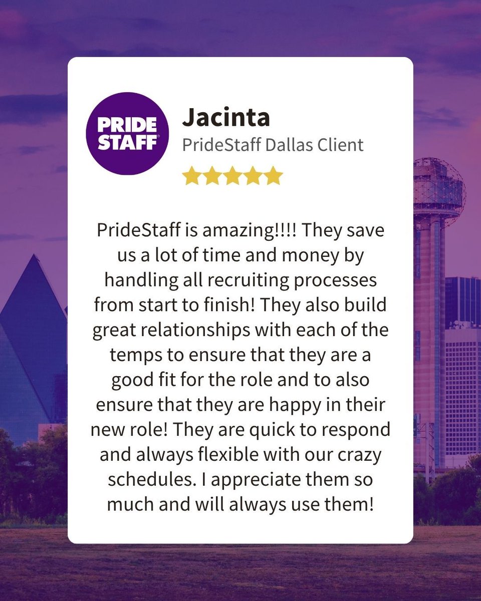 StaffingDallas's tweet photo. We're incredibly proud to share Jacinta's feedback. It's our mission to make staffing seamless and efficient for our clients. From finding the perfect match to ensuring candidate happiness, we handle it all so you can focus on your business.

Your success is our success. 🤝 https://t.co/cN4k3O73df