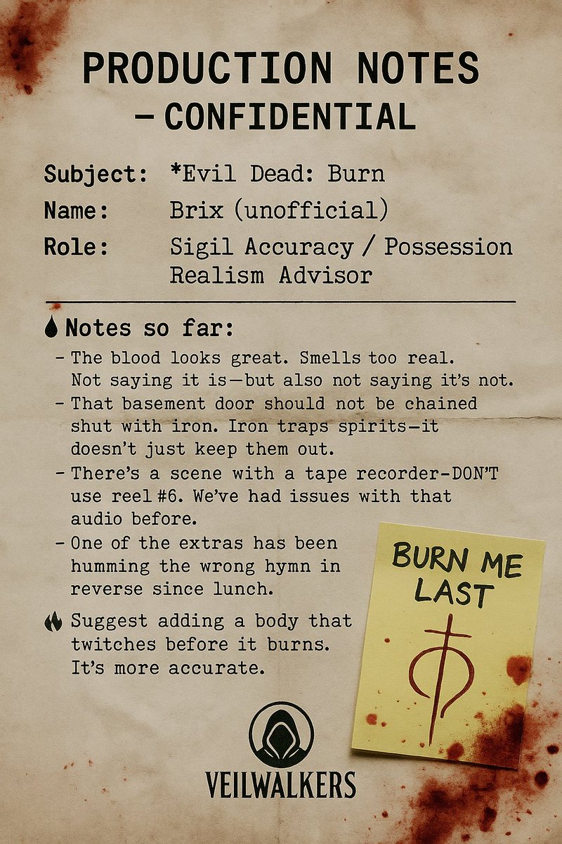 they didn’t officially hire me for evil dead: burn
but someone left reel #6 in the sound booth
and now an extra’s speaking backwards during lunch

attached my production notes before they torch the set
save yourselves

#EvilDeadBurn #TheHollowing #Veilwalkers