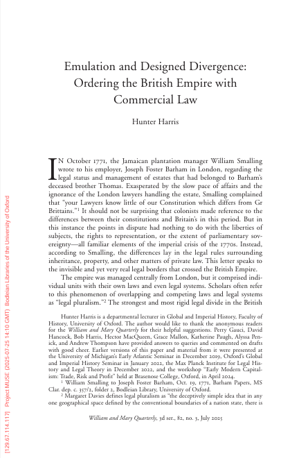 Dr Harris's new article on merchants and the law in the eighteenth-century British empire is out now in the William and Mary Quarterly <a href="/OIEAHC/">OIEAHC</a>. Find it online here: muse.jhu.edu/pub/275/articl…