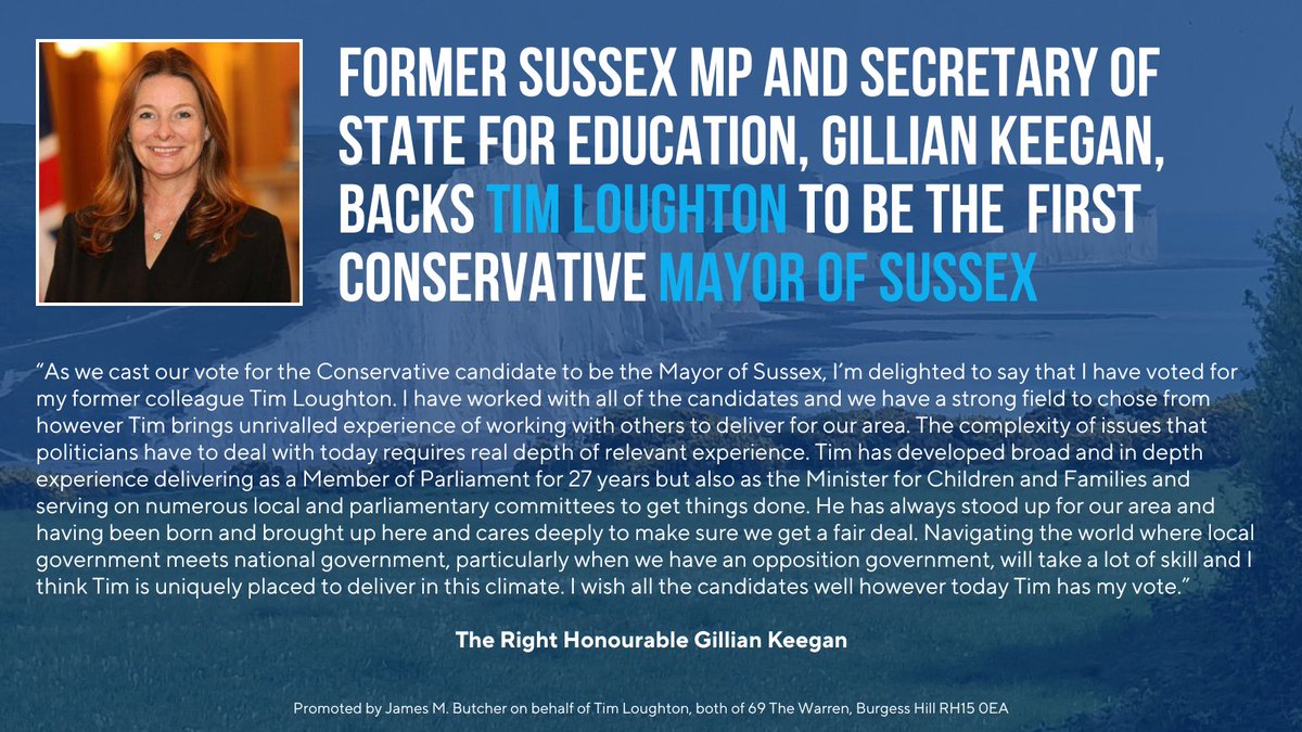 timloughton's tweet image. Delighted to announce another former minister Gillian Keegan supports me for Sussex Mayor. Getting the right skills for the future Sussex workforce will be absolutely key to the Sussex mayoralty. Another Sussex endorsement from someone who will actually have a vote here next May