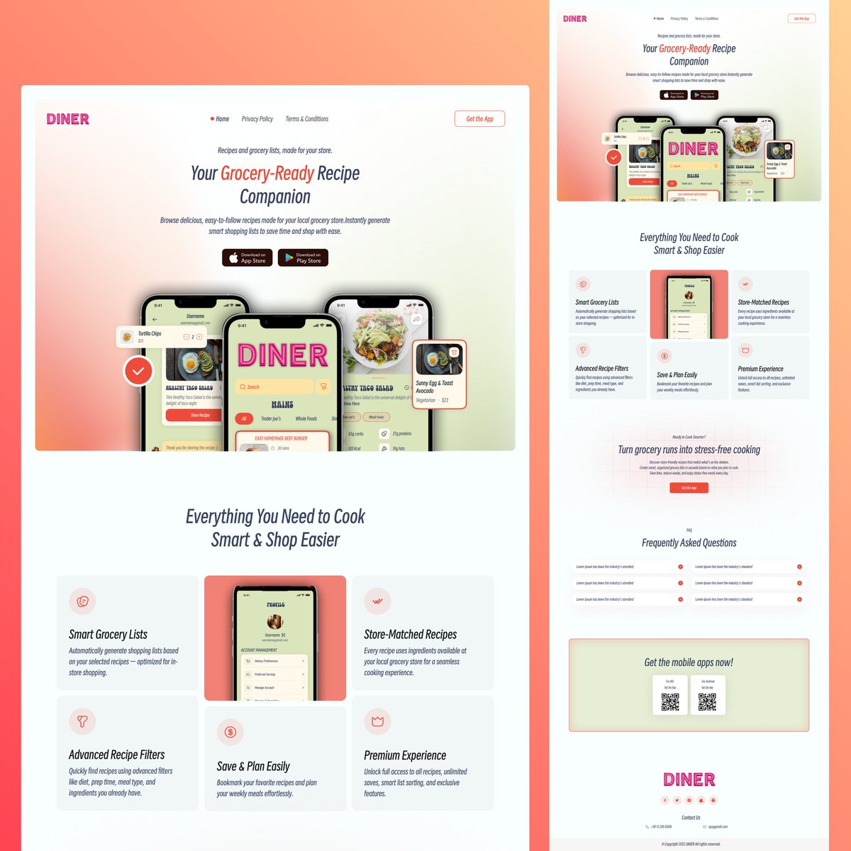📱 Introducing DINER — your Grocery-Ready Recipe Companion.

This smart landing page design showcases a seamless way to browse recipes, generate store-matched grocery lists, and plan meals with ease.

✨ Highlights include:
- Smart grocery list automation
- Store-matched
