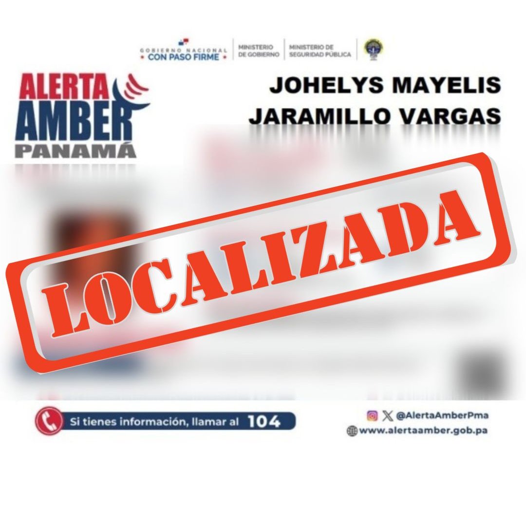 Procuraduría General de la Nación (@pgn_panama) on Twitter photo #PGNInforma | La Unidad Especializada de Personas Desaparecidas de la Procuraduría General de la Nación informa que se logró la ubicación de JOHELYS MAYELIS JARAMILLO VARGAS, por quien se mantenía activada la
<a href="/AlertaAmberPma/">Alerta Amber Pmá</a>.
<a href="/MinGobPma/">Ministerio de Gobierno de Panamá</a>
<a href="/MinSegPma/">Ministerio de Seguridad Pública de Panamá</a> #PGNInforma | La Unidad Especializada de Personas Desaparecidas de la Procuraduría General de la Nación informa que se logró la ubicación de JOHELYS MAYELIS JARAMILLO VARGAS, por quien se mantenía activada la
<a href="/AlertaAmberPma/">Alerta Amber Pmá</a>.
<a href="/MinGobPma/">Ministerio de Gobierno de Panamá</a>
<a href="/MinSegPma/">Ministerio de Seguridad Pública de Panamá</a>