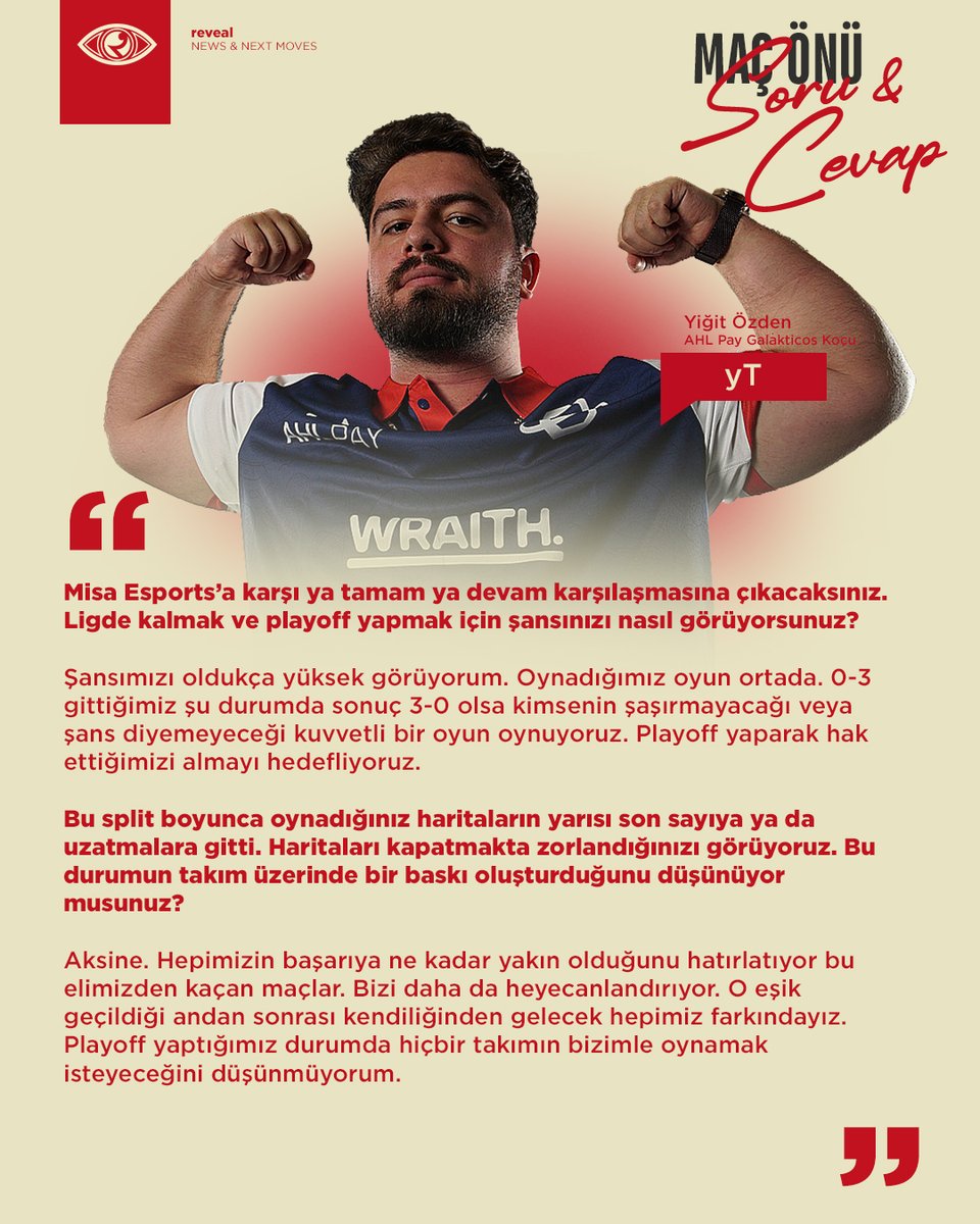 reveal (@reveal_gg) on Twitter photo 💬 "Playoff yaptığımız durumda hiçbir takımın bizimle oynamak isteyeceğini düşünmüyorum."
🔵🔴 Ligin son haftasında kader maçına çıkacak olan <a href="/TeamGalakticos/">AHL Pay Galakticos</a> koçu <a href="/yT_vll/">Yiğit ÖZDEN</a> karşılaşma öncesi sorularımızı yanıtladı.
#ChallengersTR | #PartnerlikYolu 💬 "Playoff yaptığımız durumda hiçbir takımın bizimle oynamak isteyeceğini düşünmüyorum."
🔵🔴 Ligin son haftasında kader maçına çıkacak olan <a href="/TeamGalakticos/">AHL Pay Galakticos</a> koçu <a href="/yT_vll/">Yiğit ÖZDEN</a> karşılaşma öncesi sorularımızı yanıtladı.
#ChallengersTR | #PartnerlikYolu