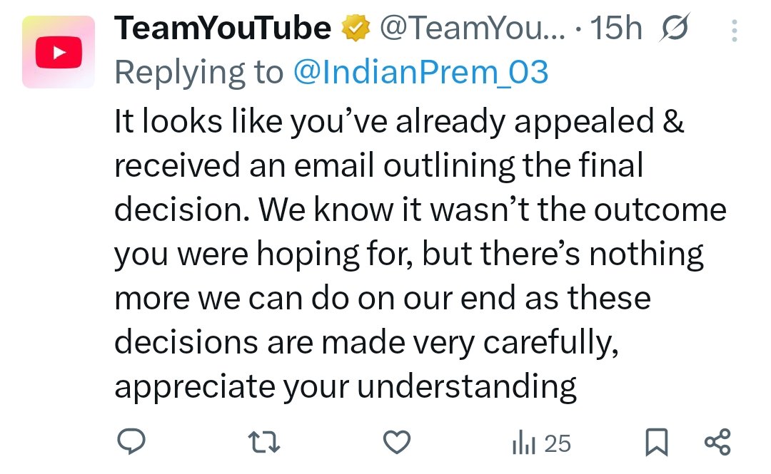 IndianPrem_03's tweet photo. @TeamYouTube
@YouTubeIndia
@YouTubeCreators
This strike is not just a warning — it is destroying my entire channel:

❌ Video reach gone
❌ Livestream disabled
❌ Monetization risk

And YouTube says "final decision" without even giving a real review? https://t.co/djz5ISTw4f