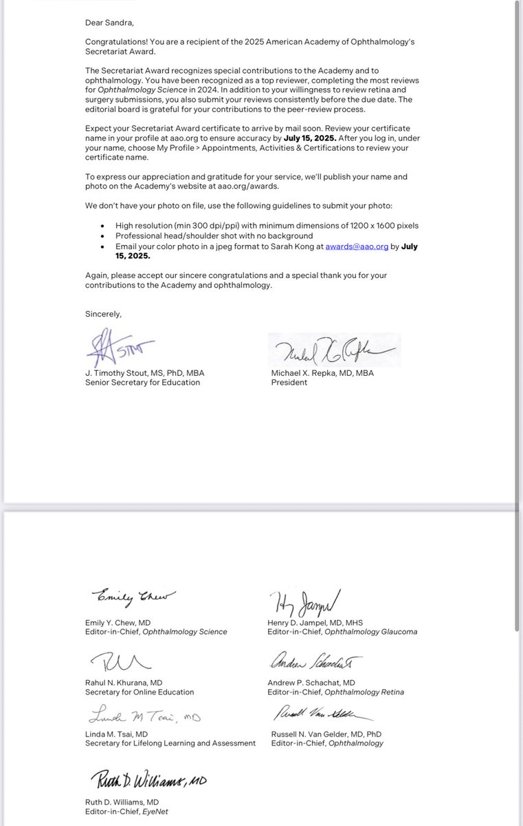 HoyekSandra's tweet photo. Truly humbled and honored to be selected as a recipient of the 2025 Secretariat Award from the @aao_ophth, in recognition of my contributions as a top reviewer for Ophthalmology Science.  

@MassEyeAndEar @HMSeye 

#AAO2025 #SecretariatAward #Ophthalmology https://t.co/6IjPeVr9Lq