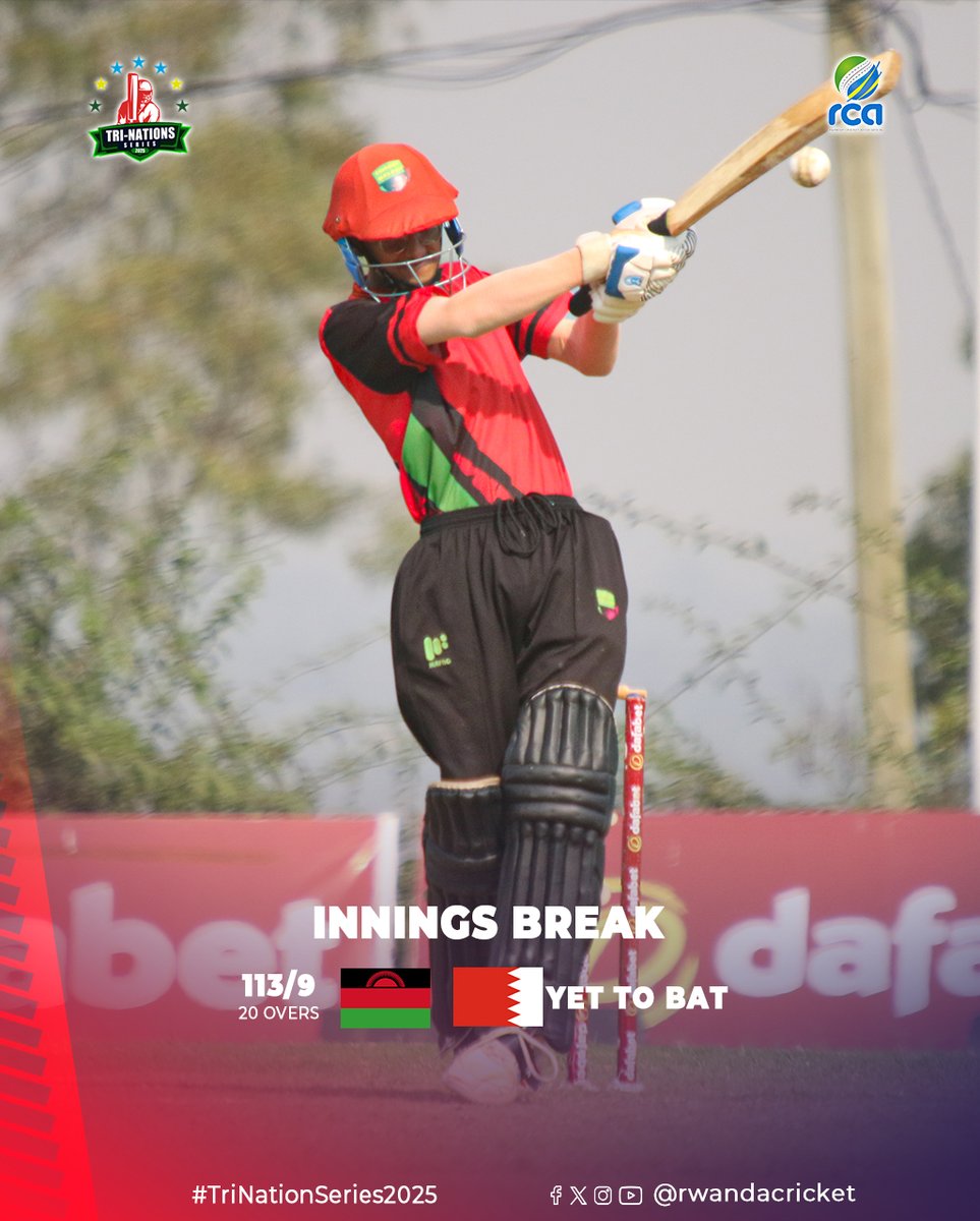 RwandaCricket's tweet image. Innings Break: Matchday 6 Afternoon
Malawi set 113/9 in 20 overs. Sami Sohail scored 37 off 33 balls.
Bahrain need 114 to win.
#TriNationsSeries2025
@bahraincricket
@cricketmalawi
