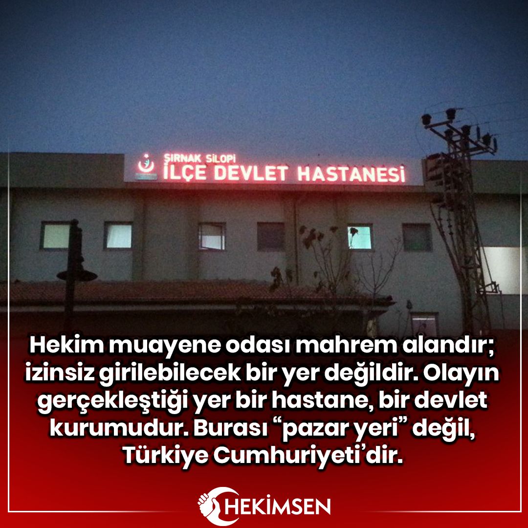 SedatAtlas79's tweet image. 21.07.2025 tarihinde Silopi Devlet Hastanesi’nde görev yapan ortopedi uzmanı üyemizin muayene odasına, hasta içerideyken bir grup şahıs izinsiz şekilde girerek video çekimi yapmış; denetleyici bir tavırla poliklinikte görevli stajyere sorular yöneltmiştir. Bu hadise hem hasta…