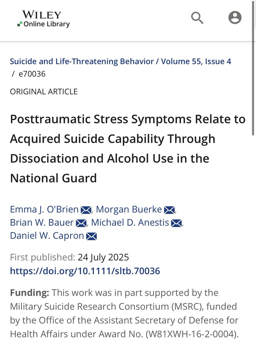 obrien_emj's tweet image. I’m thrilled to share that my new first-author manuscript is now published! We found that PTSD symptom severity is related to acquired suicide capability through dissociation and alcohol use in National Guard members! dx.doi.org/10.1111/sltb.7…