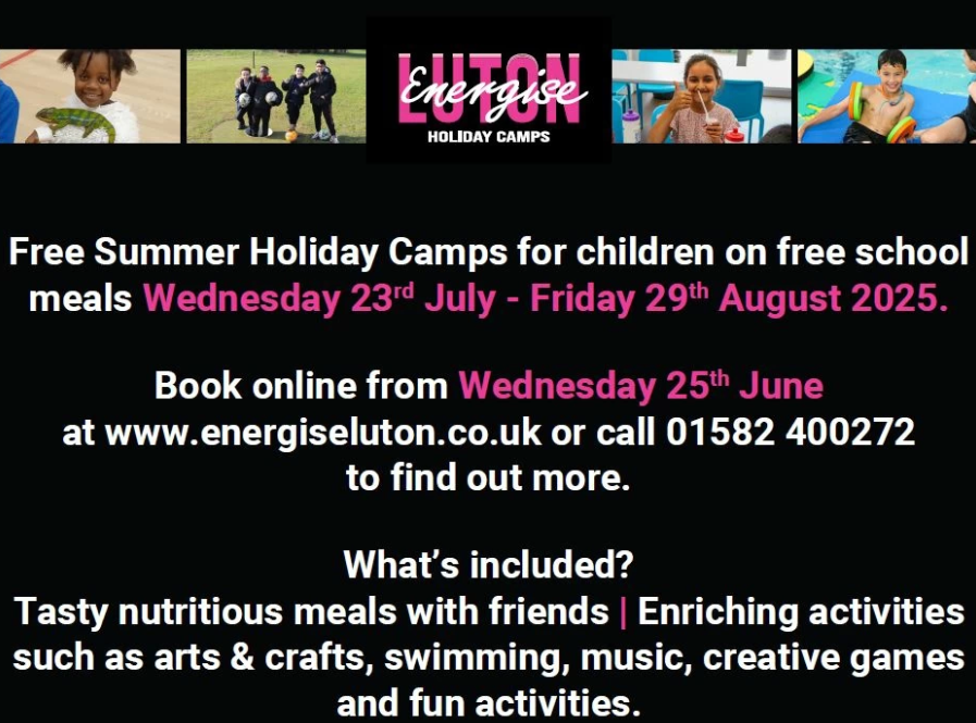 Free summer holiday camps for children on free school meals. 

Enriching activities - swimming, music, arts &amp; crafts, creative games and fun activities. 

From 23rd July - 29th August.

beactivebeds.co.uk/free-summer-ho…