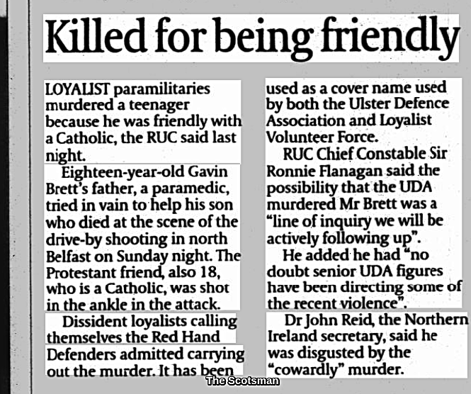 Hannyhas's tweet photo. #Remembered 29/7/2001, Gavin Brett, 18, Protestant (parents mixed) shot by loyalist murderers from car while standing talking to RC friend @ Hightown Rd, Belfast, near St Enda`s GAA club. His father, a paramedic sent unknowing, tried to revive him &amp; affected deeply for life. #OTD https://t.co/vOrkQMzInv
