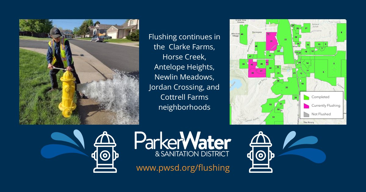 Flushing continues in the Clarke Farms, Horse Creek, Antelope Heights, Newlin Meadows, Jordan Crossing, and Cottrell Farms neighborhoods. pwsd.org/flushing