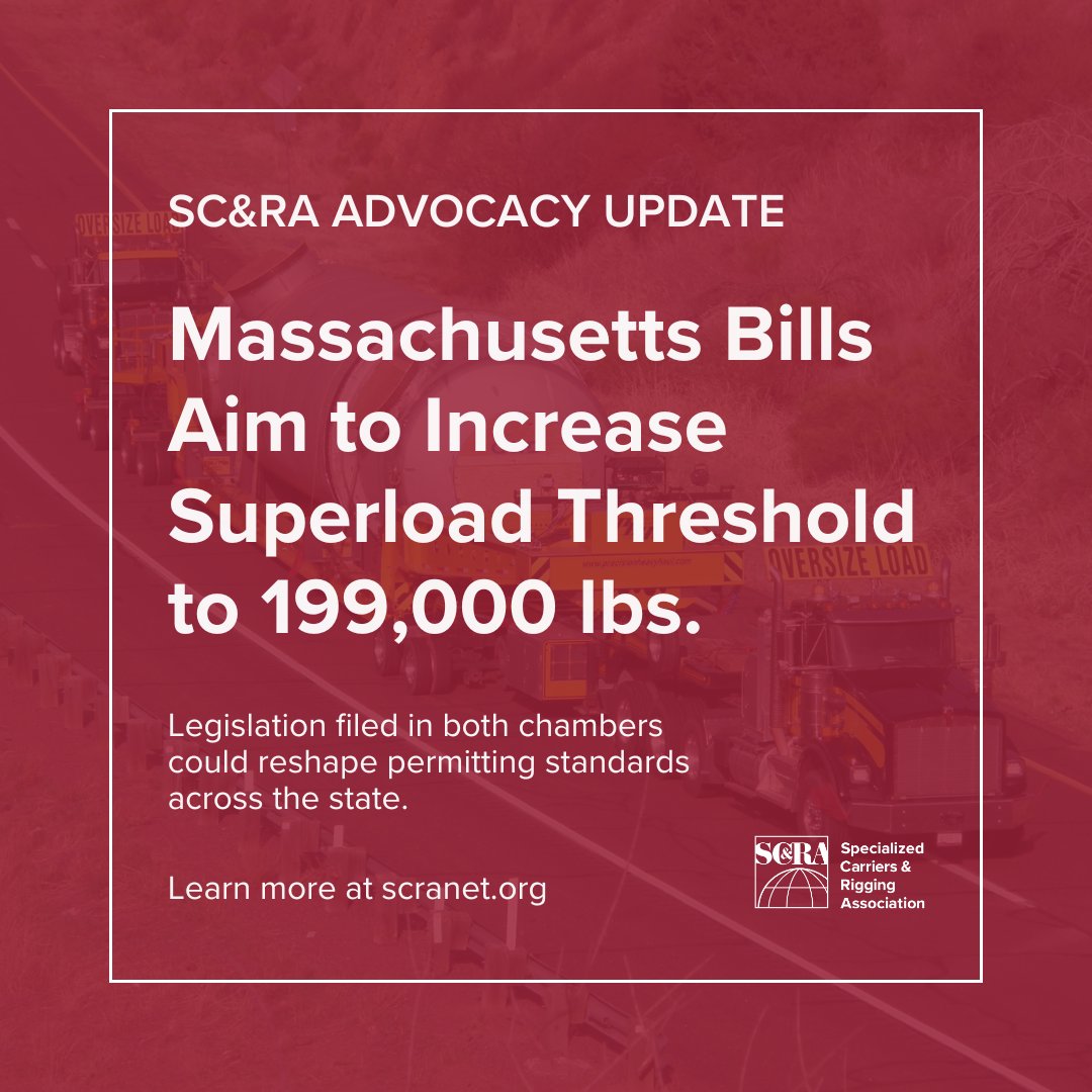 Big news from Massachusetts: Bills filed to raise the superload threshold from 130K to 199K lbs. GVW, aligning with neighboring states &amp; cutting red tape for carriers. A win for efficiency &amp; interstate commerce. 

#scranet
