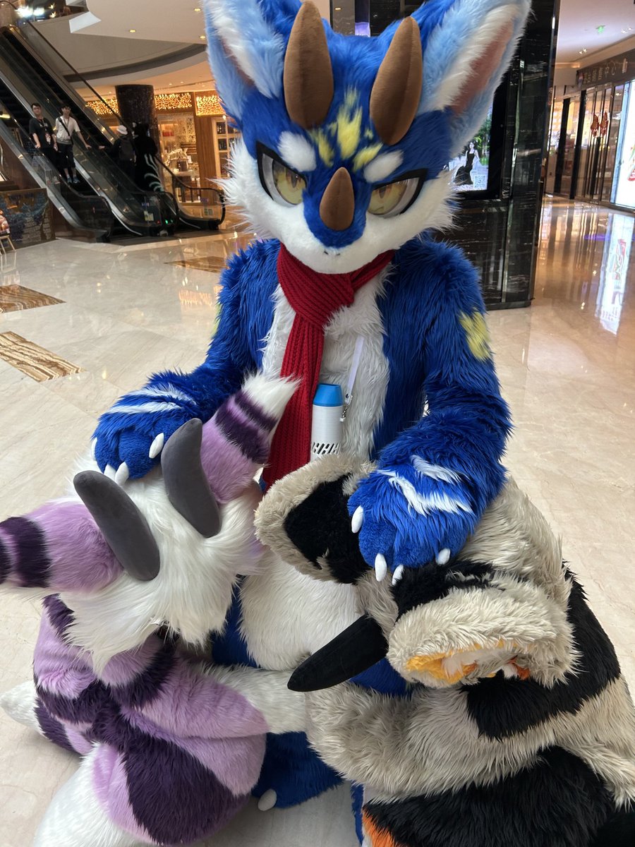 #FursuitFriday
一下楼就莫名多了两个腿部挂件，走不动路了……大家有什么头绪吗？
腿部挂件内馅：<a href="/foxynovaowo/">FoxyNovaOWO</a> @吃瓜的萌新
摄影：@艾诺