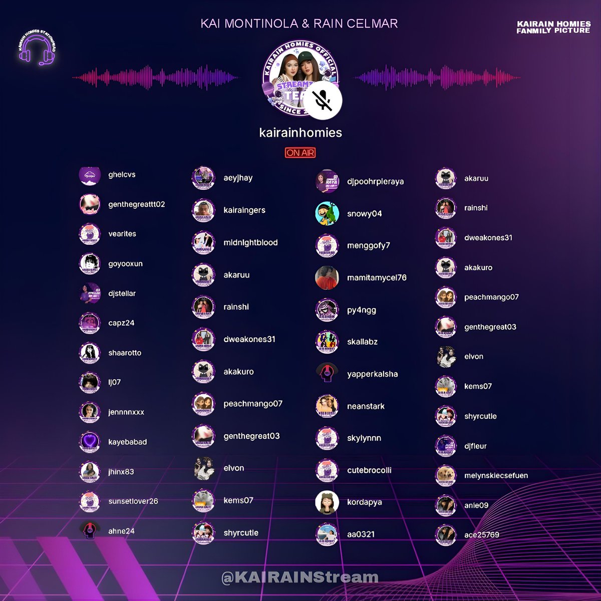 KAIRAINStream's tweet image. 📸 July 25, 2025 (7:00pm)
FANMILY PICTURE 😁📸
Thank you for always showing up, vibing with us and making every stream on Stationhead feel like home.💜 Let's stream until we reach our dream.
STATIONHEAD LINK 🖇️: share.stationhead.com/wpzm8dtbf967
#KaiRain