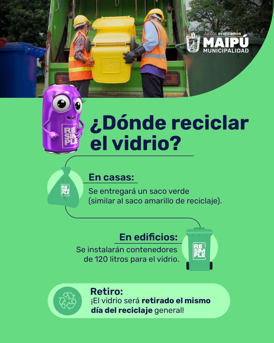 Municipalidad de Maipú (@muni_maipu) on Twitter photo ¡Empieza el nuevo servicio de reciclaje de vidrio a domicilio! ♻️
Durante julio y agosto estaremos entregando los sacos y contenedores para que dejes tus vidrios limpios, y secos☝️Recuerda que la recolección comienza en septiembre.
Para más info, descarga la App de <a href="/resimple_cl/">resimple_cl</a> ¡Empieza el nuevo servicio de reciclaje de vidrio a domicilio! ♻️
Durante julio y agosto estaremos entregando los sacos y contenedores para que dejes tus vidrios limpios, y secos☝️Recuerda que la recolección comienza en septiembre.
Para más info, descarga la App de <a href="/resimple_cl/">resimple_cl</a>
