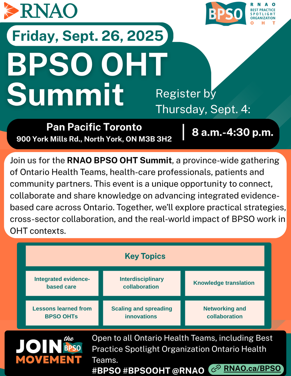 RNAO's tweet image. 📢ATTENTION ONTARIO HEALTH TEAMS!
The 2025 #BPSOOHTSummit is just around the corner. Connect with teams driving best practices across Ontario Health Teams.
#StayTuned for registration info! Open to all OHTs!
#EvidenceInAction #OHTs #BPSOOHT @DorisGrinspin