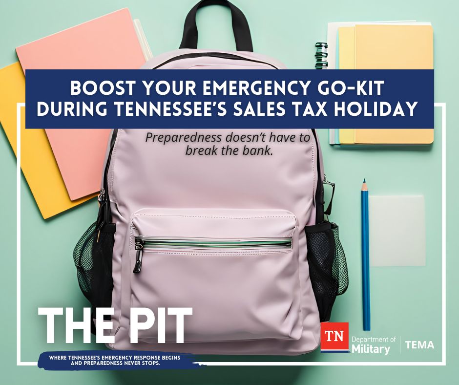 TennesseeEMA's tweet image. Tennessee’s sales tax holiday is a great time to stock up on school supplies, clothes, and electronics - but it’s also a smart opportunity to build or refresh your emergency go-kit.
Some items to add to your cart: tn.gov/tema/news-info…