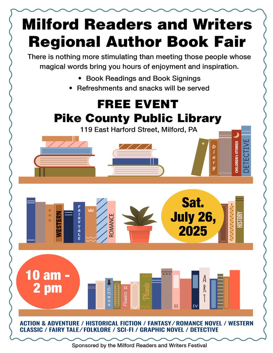 dl_scarpe's tweet image. Don't forget to head over to the Pike County Public Library in Milford, PA, tomorrow from 10am to 2pm. It's free! Plus, you'll get to meet some awesome authors, buy some terrific books, and eat some snacks. And, I don't want to brag, but I'm bringing a very special guest.…