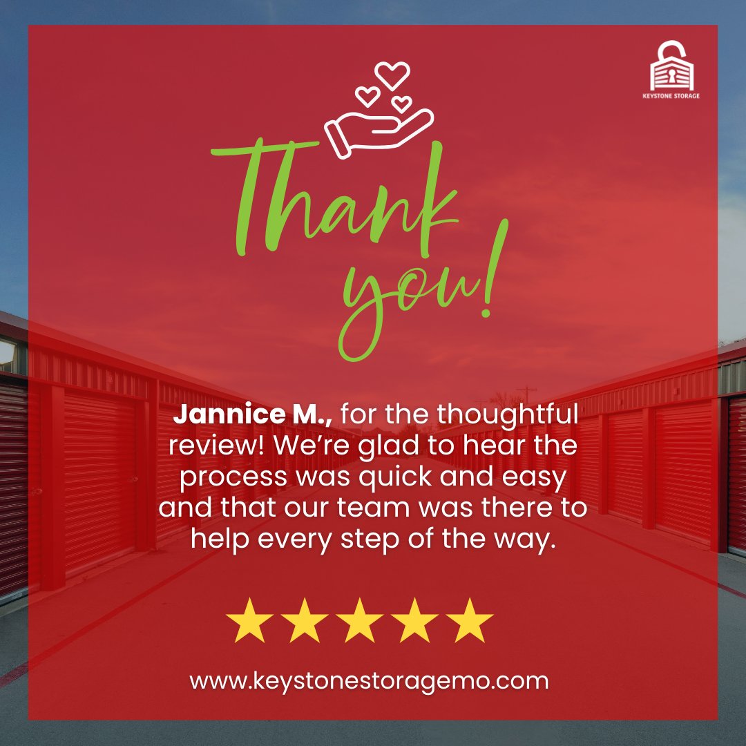 Keystonemo's tweet image. Thanks, Jannice M., for the thoughtful review! We’re glad to hear the process was quick and easy and that our team was there to help every step of the way. #ThankYou #SelfStorage #KeystoneStorageMO

keystonestoragemo.com