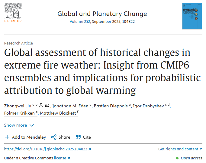 CoventryCAWR's tweet image. By linking CMIP6-derived Fire Weather Index extremes to rising global temperatures, Zhongwei Liu (former CAWR PhD), Jonathan Eden & Bastien demonstrated how human-driven warming has amplified both the frequency & duration of conditions ripe for wildfires: doi.org/10.1016/j.glop…