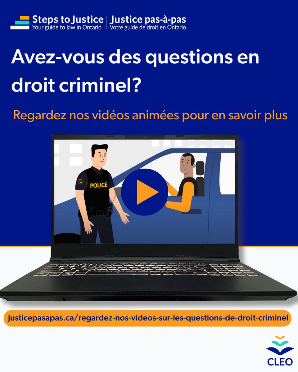 Regardez nos vidéos en droit criminel pour en apprendre plus sur la mise en liberté sous caution et vos droits si la police vous demande une pièce d’identité, vous arrête, vous détient ou souhaite vous fouiller.

justicepasapas.ca/regardez-nos-v…