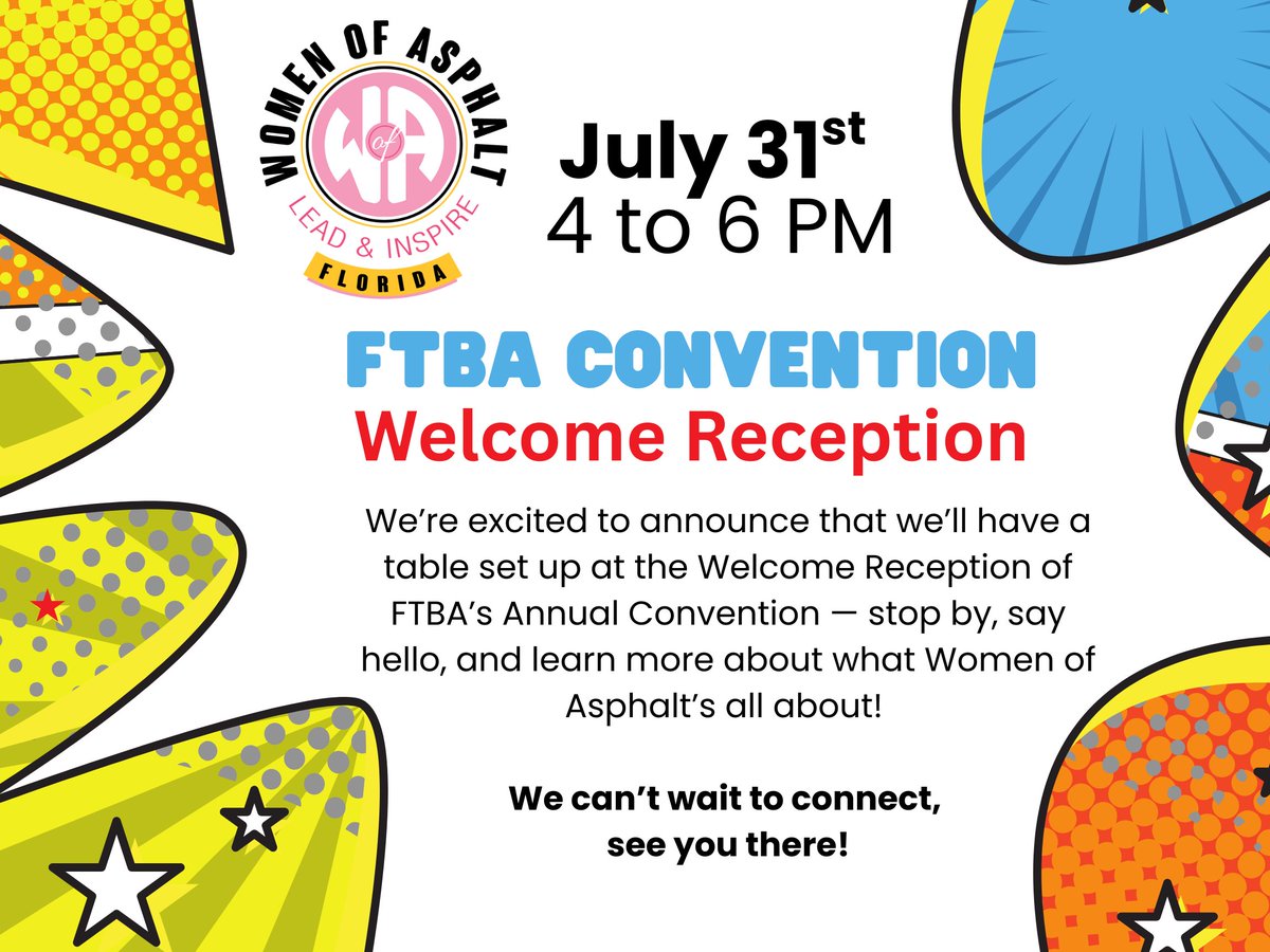 WofAFL's tweet photo. Don’t miss our Women of Asphalt FL table during the 𝐖𝐞𝐥𝐜𝐨𝐦𝐞 𝐑𝐞𝐜𝐞𝐩𝐭𝐢𝐨𝐧 on 𝐓𝐡𝐮𝐫𝐬𝐝𝐚𝐲, 𝐉𝐮𝐥𝐲 𝟑𝟏 | 𝟒–𝟔 𝐏𝐌 Come say hi, grab some WofA FL swag, and strike your best superhero pose 🦸‍♀️💥 for a fun photo! https://t.co/iWLPXJDJcr