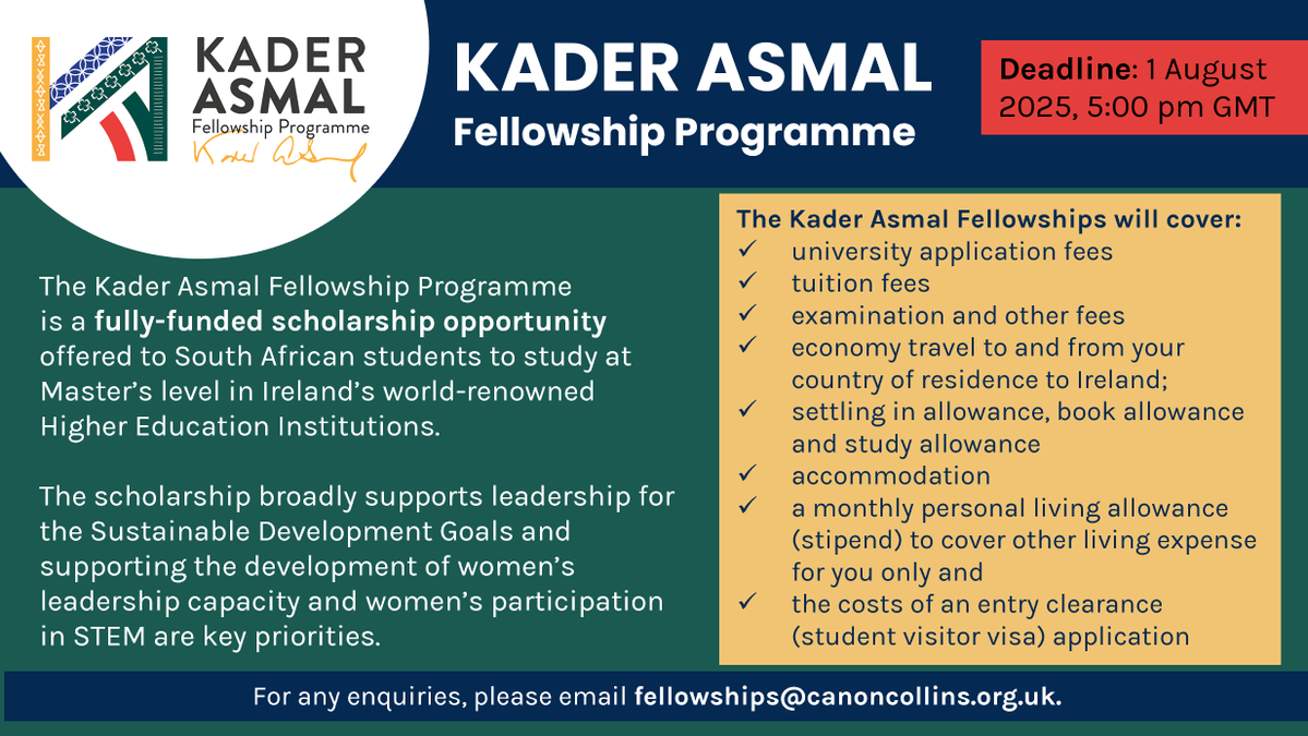 UCTpostgrads's tweet image. 1 week left to apply! Do you want a scholarship to study your master&apos;s in Ireland? The Kader Asmal Fellowship Programme is a fully-funded scholarship opportunity offered to South African students. More info : canoncollins.org/scholarships/k…