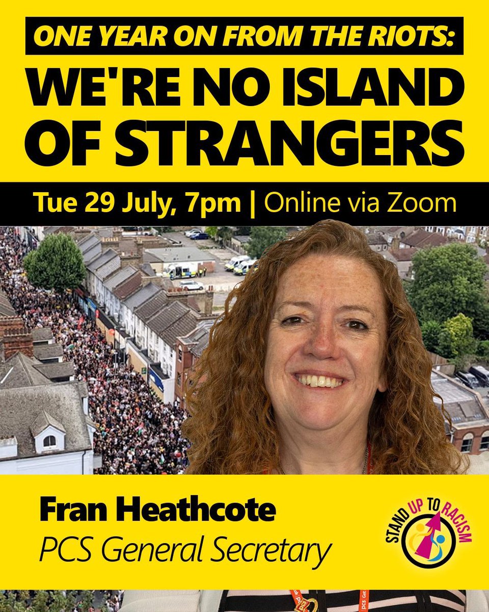 pcs_union's tweet image. One year on from the racist and Islamophobic riots, we come together to stand united.

Join Stand Up to Racism for an online meeting to reflect, resist, and recommit to fighting hate in all its forms.

Hear from Fran Heathcote, PCS General Secretary, and other trade union and…