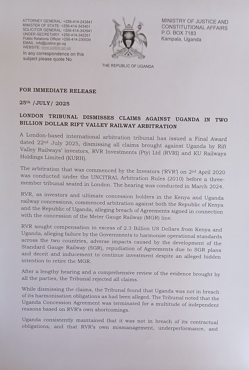 MoJCAUG's tweet image. LONDON TRIBUNAL DISMISSES CLAIMS AGAINST UGANDA IN TWO BILLION DOLLAR RIFT VALLEY ABITRATION.
BELOW IS THE FULL STATEMENT.
@KagutaMuseveni @norbertmao @KiryowaKk @KafuuziJackson @PiusPerryB1 @GovUganda @GCICUganda @ntvuganda @UgandaMediaCent @newvisionwire @MoWT_Uganda