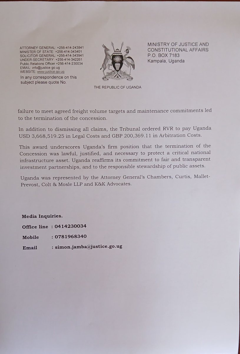 MoJCAUG's tweet image. LONDON TRIBUNAL DISMISSES CLAIMS AGAINST UGANDA IN TWO BILLION DOLLAR RIFT VALLEY ABITRATION.
BELOW IS THE FULL STATEMENT.
@KagutaMuseveni @norbertmao @KiryowaKk @KafuuziJackson @PiusPerryB1 @GovUganda @GCICUganda @ntvuganda @UgandaMediaCent @newvisionwire @MoWT_Uganda