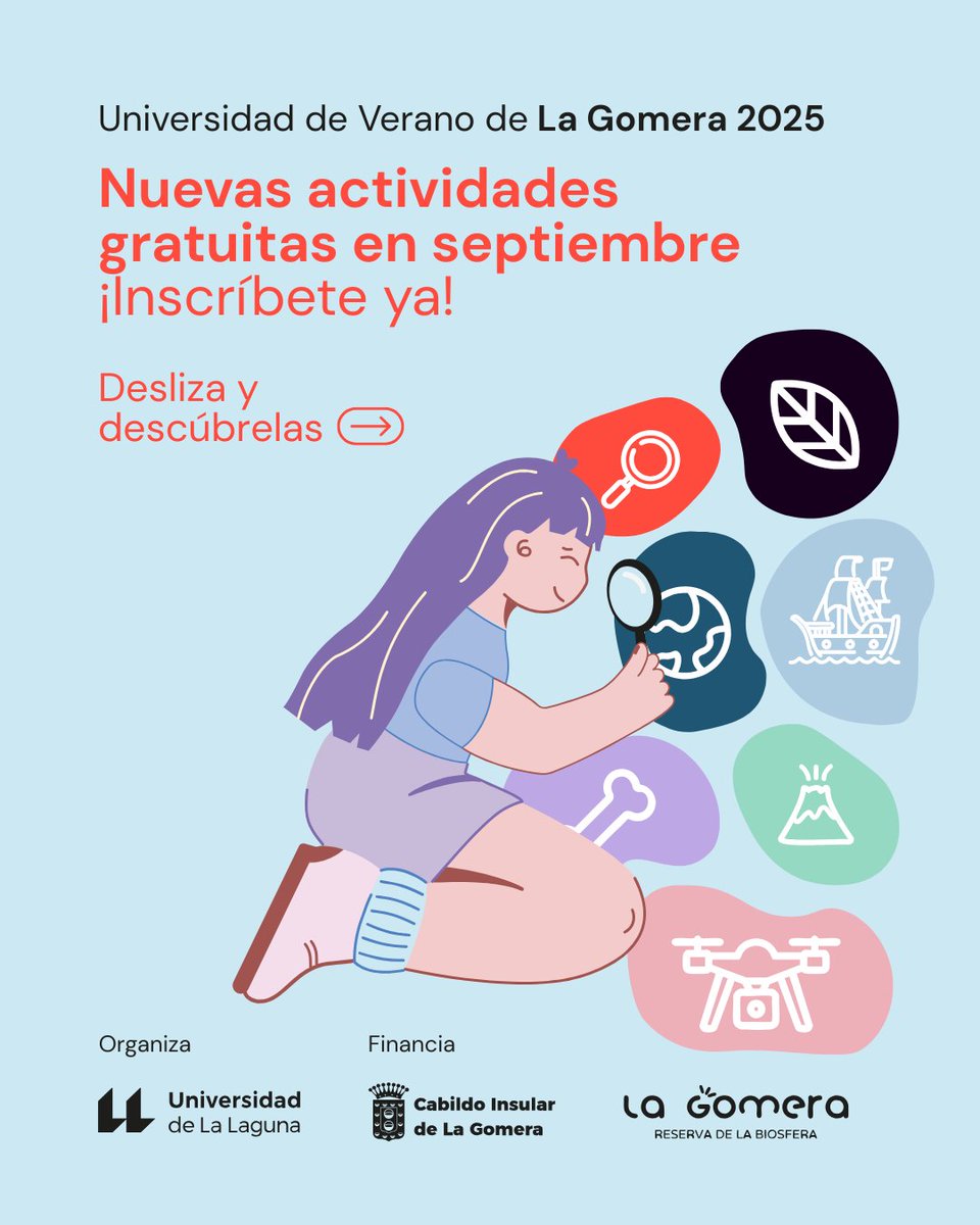 fg_ull's tweet image. 🗓️ En septiembre, la Universidad de Verano de La Gomera despide su edición 2025 con tres actividades gratuitas que conectan naturaleza, cine e historia atlántica.
🌍 Una oportunidad para aprender, reflexionar y redescubrir nuestro patrimonio.
Más info 👉 t.ull.es/13td