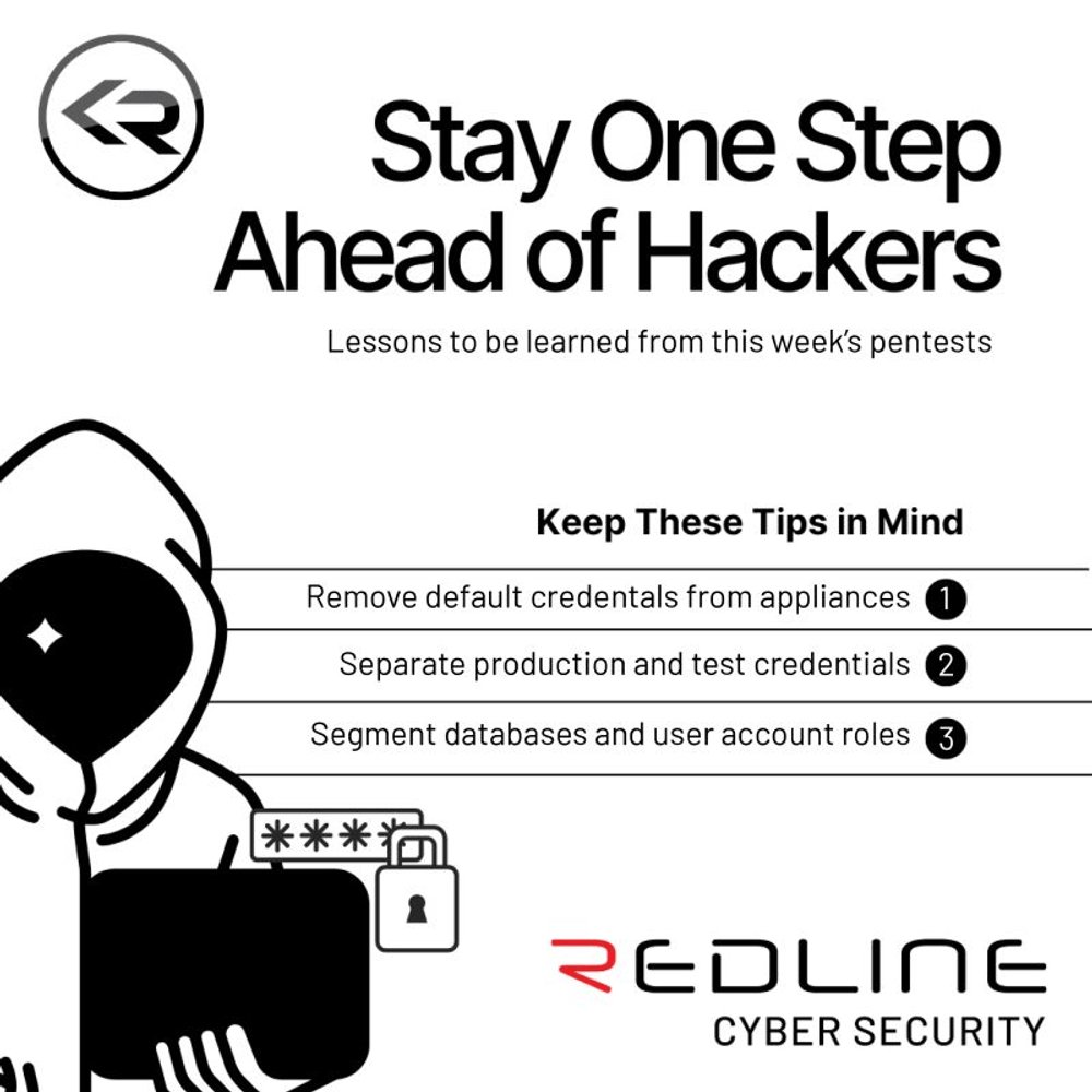 CyberRedline's tweet image. Every Friday, we share 3 quick tips based on what we’re seeing during our penetration tests. 

• Remove default credentials from all appliances
• Separate production and test credentials
• Separate databases and user account roles

#RedlineCyberSecurity #SecurityTips