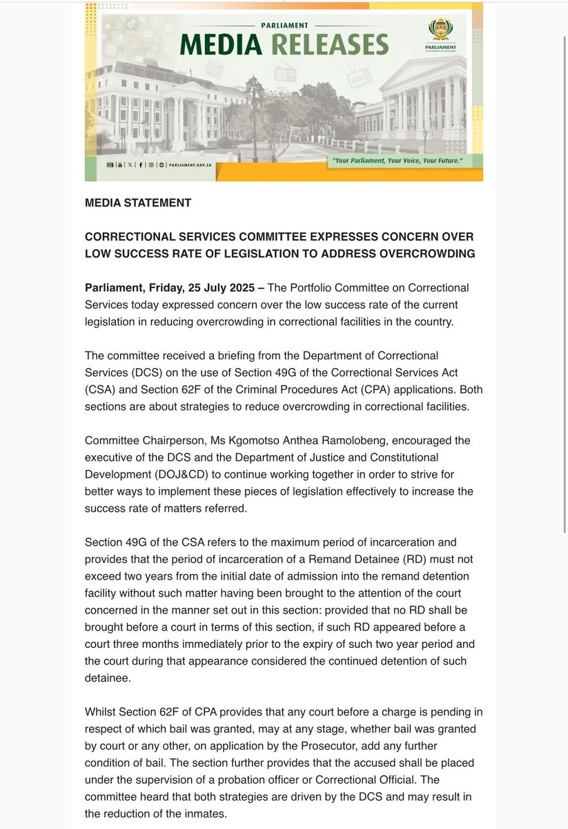 JustSecuCluster's tweet image. CORRECTIONAL SERVICES COMMITTEE EXPRESSES CONCERN OVER LOW SUCCESS RATE OF LEGISLATION TO ADDRESS OVERCROWDING mailchi.mp/e808c94743f7/c… @ParliamentofRSA @DCS_ZA @DOJCD_ZA @GovernanceClus1 @DefenceCluster @FinanceCluster @EconoCluster