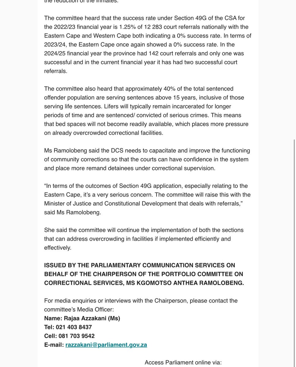 JustSecuCluster's tweet image. CORRECTIONAL SERVICES COMMITTEE EXPRESSES CONCERN OVER LOW SUCCESS RATE OF LEGISLATION TO ADDRESS OVERCROWDING mailchi.mp/e808c94743f7/c… @ParliamentofRSA @DCS_ZA @DOJCD_ZA @GovernanceClus1 @DefenceCluster @FinanceCluster @EconoCluster