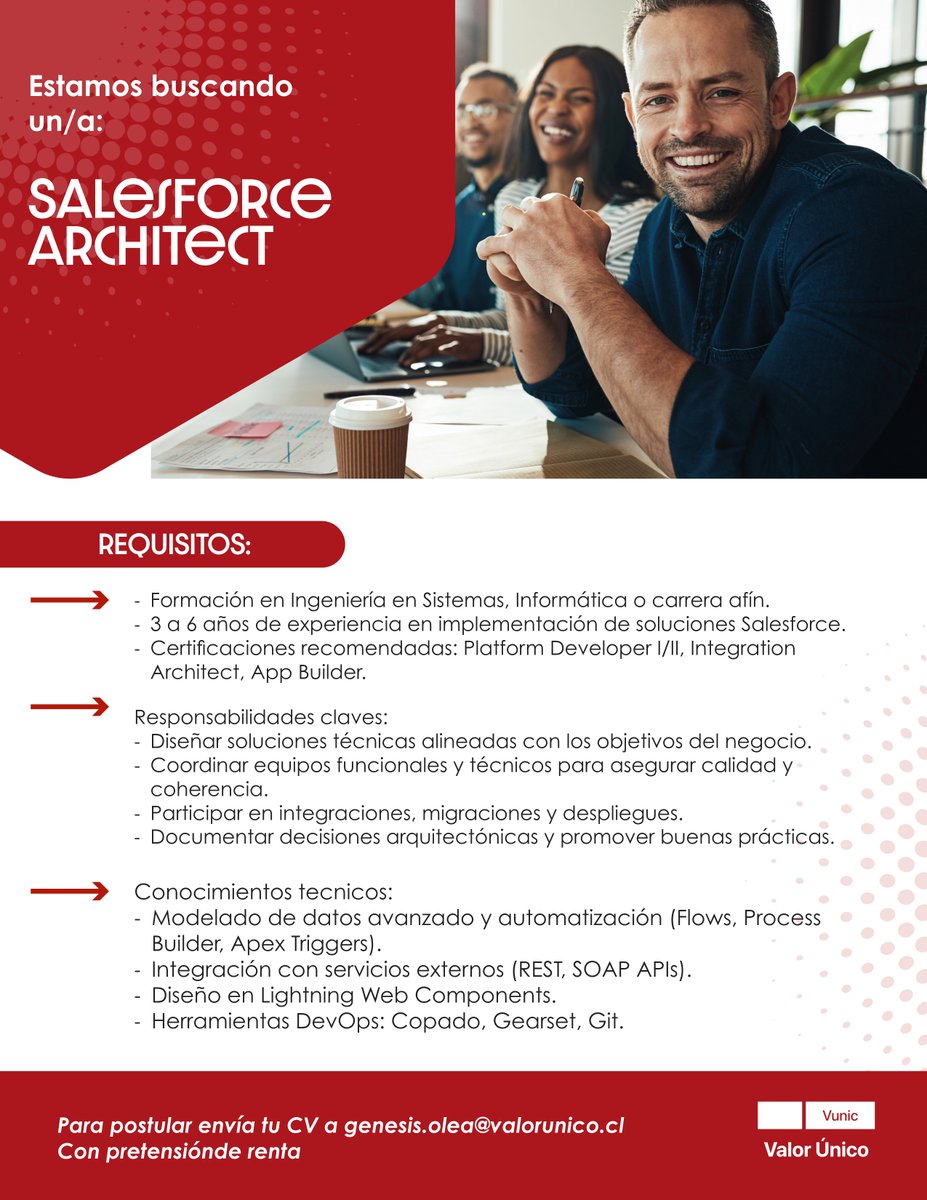valor_unico's tweet image. 🚀 ¡Estamos buscando un/a Salesforce Architect para un proyecto desafiante!

Envía tu CV a genesis.olea@valorunico.cl con el asunto “Postulación Salesforce Architect”.

#SalesforceArchitect #SalesforceJobs #ArquitecturaTI #TechJobs #CRM