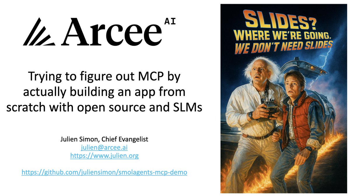Good times yesterday at the MCP Conference in London (lu.ma/mcpconference).

To  cut through the hype, I demoed how to build single- and multi-agent MCP  applications from scratch, using only open-source tools from <a href="/huggingface/">Hugging Face</a>  (smolagents, Gradio) and <a href="/arcee_ai/">Arcee.ai</a> models
