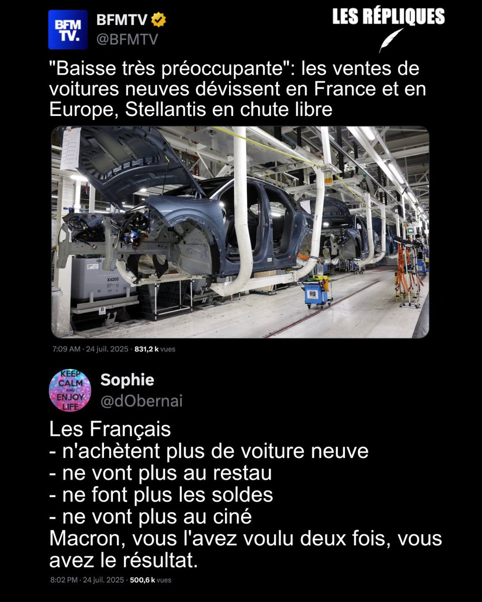 La France enregistre une chute de 6,4% des immatriculations neuves au premier semestre 2025. En grande souffrance, Stellantis voit ses ventes chuter de 16% en juin 

<a href="/dObernai/">Sophie</a>