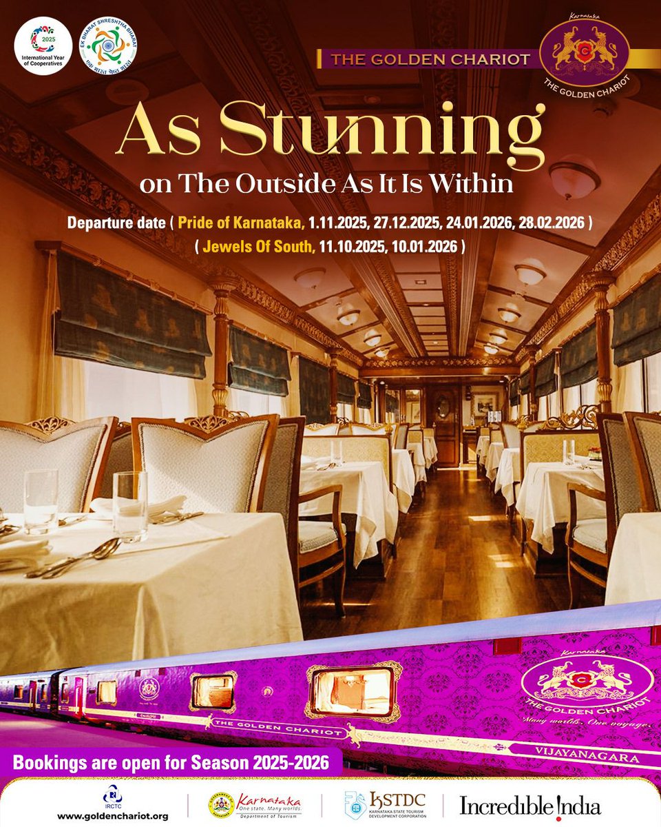 From its magnificent exterior to its lavish interiors, the Golden Chariot truly is as stunning on the outside as it is within. 

Join us for the "Pride of Karnataka"on 1.11.2025, 27.12.2025, 24.01.2026, or 28.02.2026, or the "Jewels of South"on 11.10.2025 or 10.01.2026. Bookings