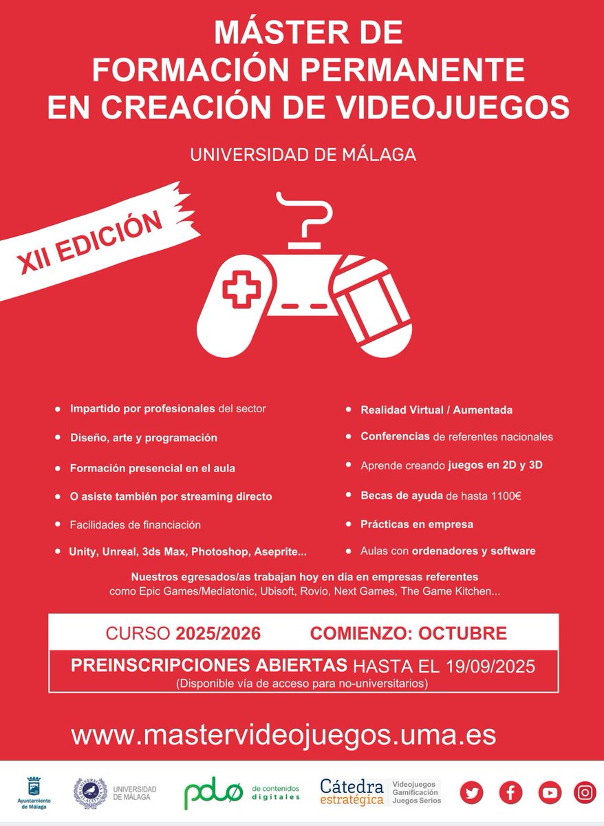 Vacaciones ya! Preinscripciones abiertas todavía en nuestros estudios universitarios: Máster/Diploma en #gamedev 

Titulados universitarios y de #fp #cfgs

#formacion  #Universidad #cfgs #fp #malaga #diseno #programming #art #Presencial #streaming 

Info: mastervideojuegos.uma.es