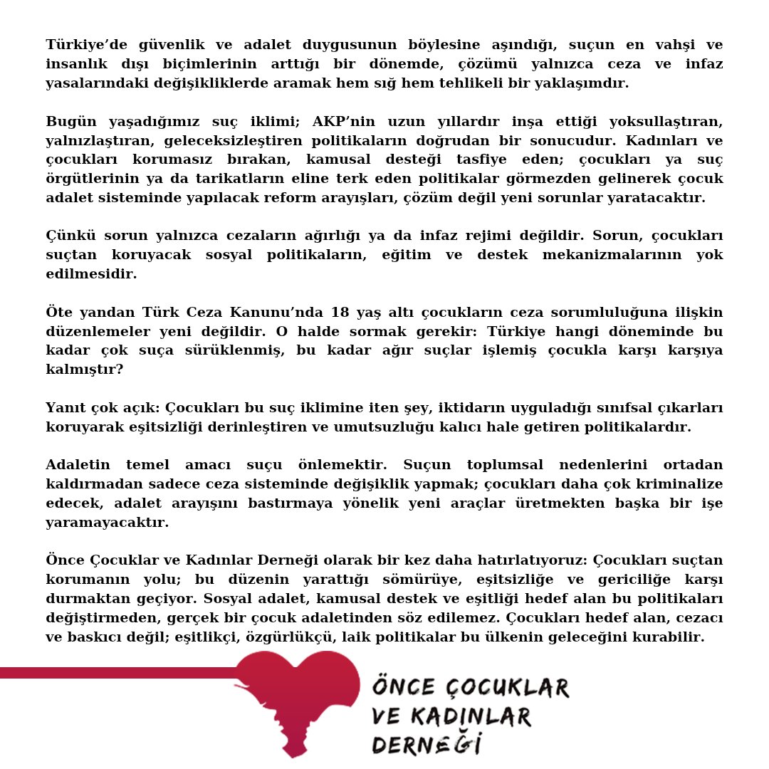 Suça sürüklenen çocukları yetişkin gibi yargılamayı çözüm sanan zihniyete karşı açıklamamızı bir kez daha yineliyor ve paylaşıyoruz.

#suçasürüklenençocuk 
#suçasürüklenençocuklar