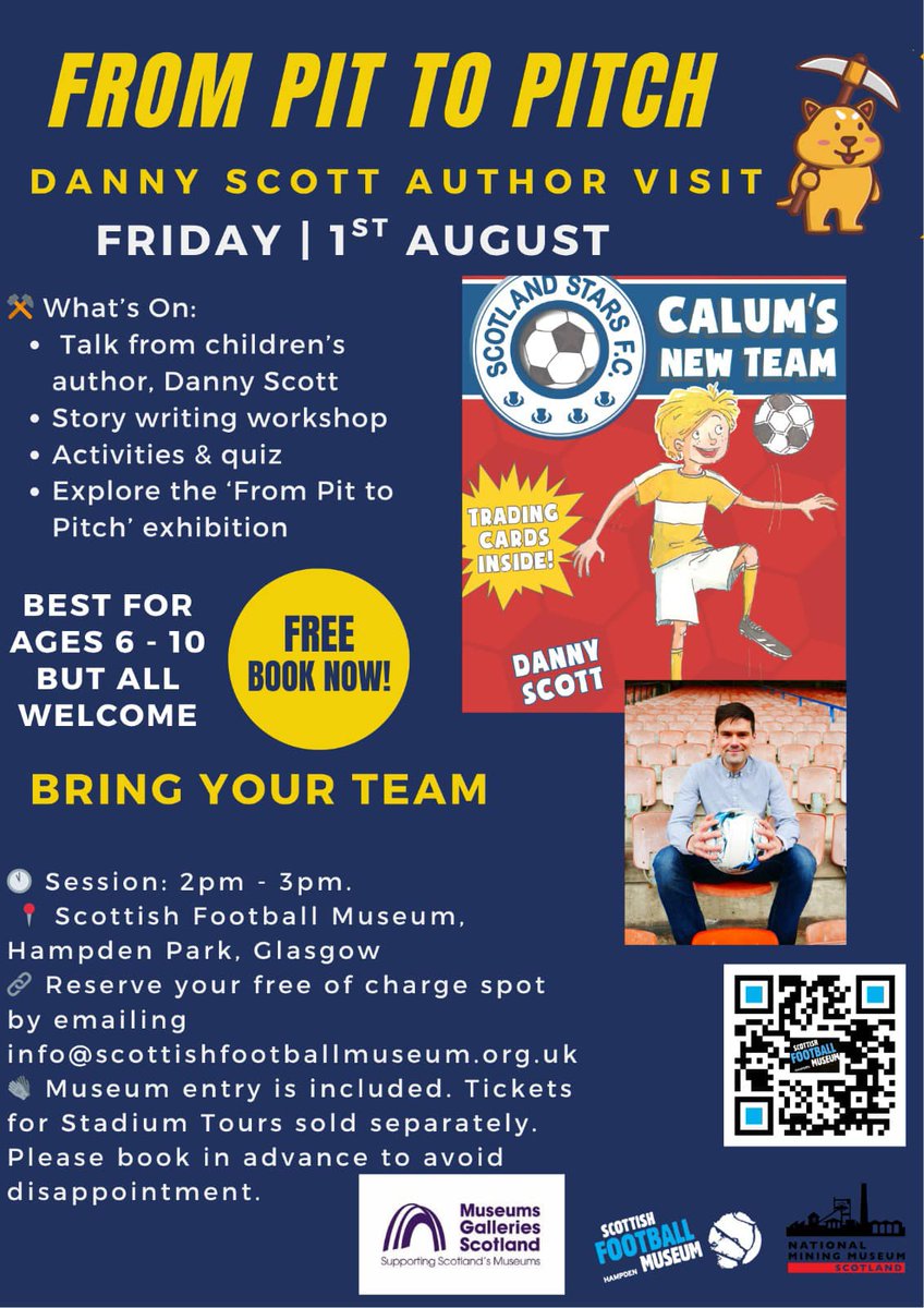 Join the Scottish Football Museum for From Pit To Pitch, an event for children featuring a talk from author Danny Scott, a story writing workshop and more on Friday 1st August!

𝗙𝗶𝗻𝗱 𝗼𝘂𝘁 𝗺𝗼𝗿𝗲: tinyurl.com/3w4jmc5h