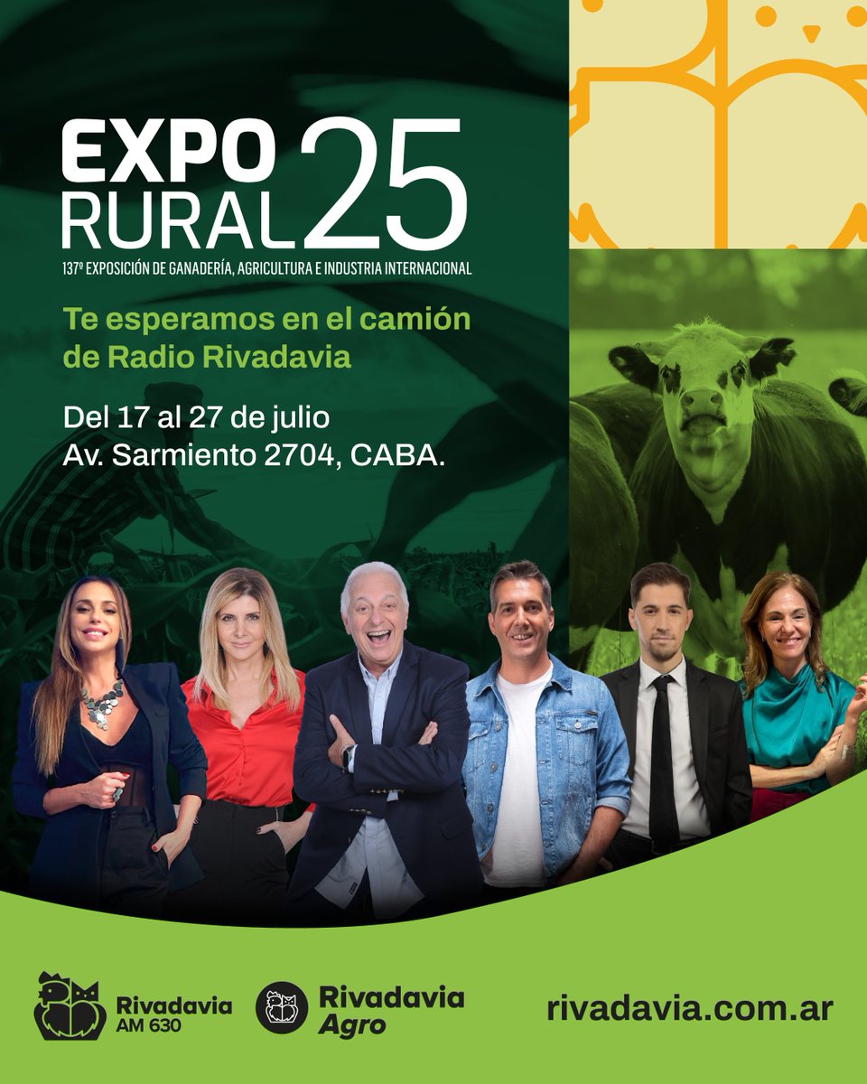 🌾📻 Radio Rivadavia dice presente en la Expo Rural 2025

🐄 ¡Este sábado 26 y domingo 27 te esperamos en La Rural!

👉Viví de cerca la muestra más importante del campo argentino y acompañanos en nuestras transmisiones en vivo desde el corazón de la expo.

🎙️ Transmiten en