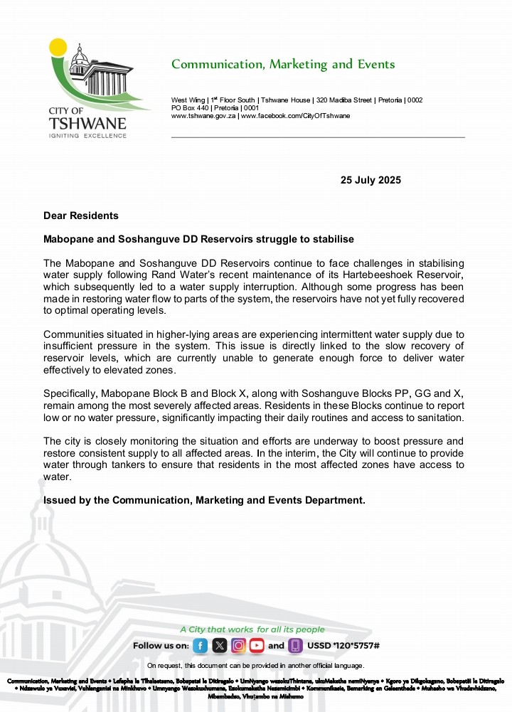 CityTshwane's tweet image. Mabopane and Soshanguve DD Reservoirs struggle to stabilise