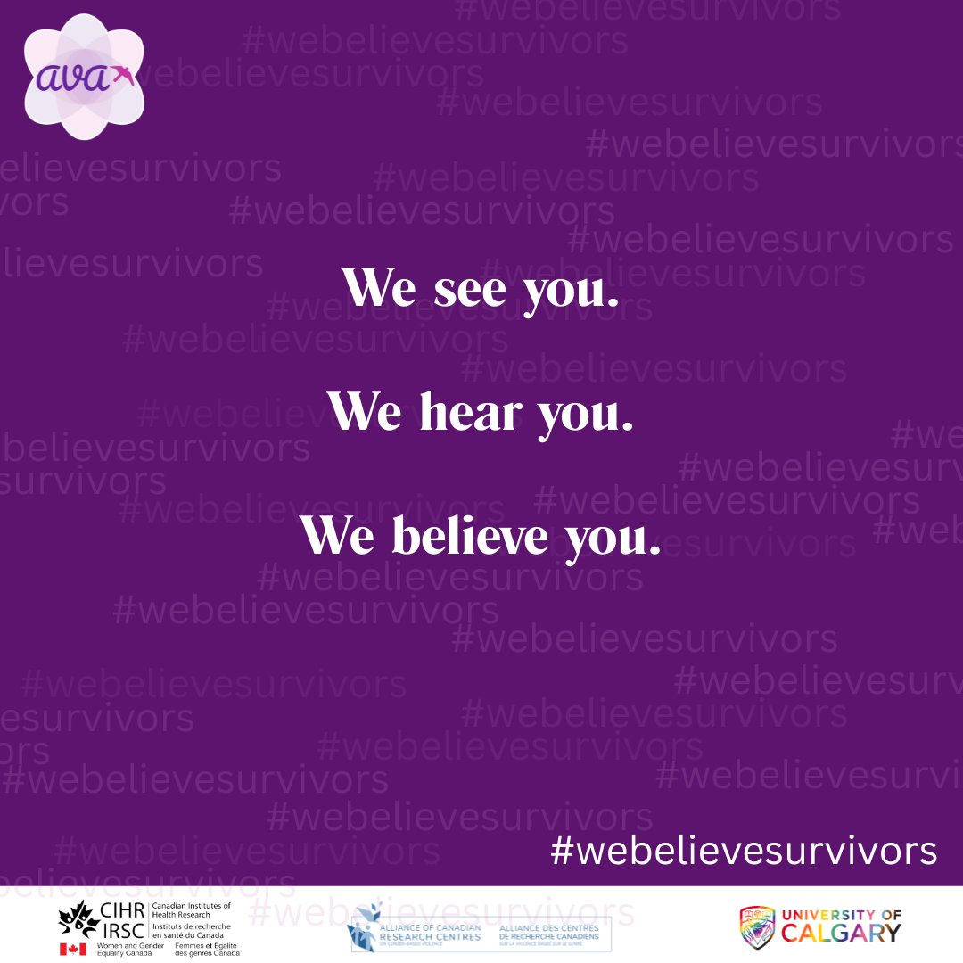 To survivors of sexual violence everywhere, we say: We see you. We hear you. We believe you. 💜

If you or someone you know has been impacted by sexual violence and is need of support, visit endingviolencecanada.org/sexual-assault…

#AVA #WeBelieveSurvivors #SupportSurvivors #EndSexualViolence