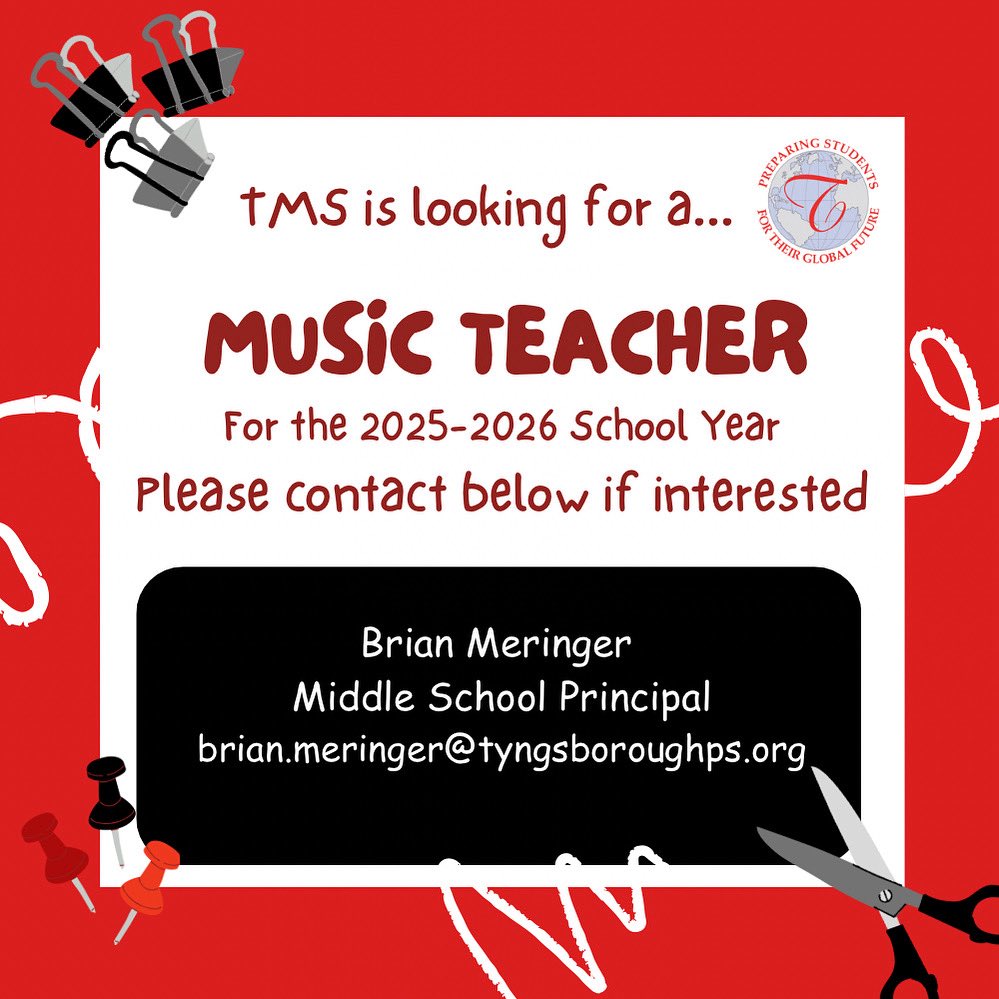 Tyngsborough Middle School is currently hiring for a music teacher position for the 2025-2026 school year! 

Please contact brian.meringer@tyngsboroughps.org for more information! #tpsprepares #nowhiring #musicteacher 🎶🎵🎤