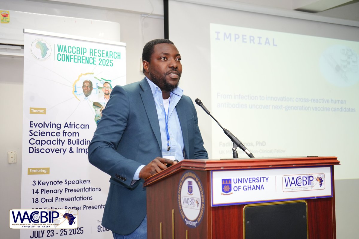 WACCBIP_UG's tweet image. #WRC2025 Dr. Fadil Bidmos shares an exciting new approach to improve vaccines for meningococcal and pneumococcal diseases. His team used patient-derived antibodies that target the same part of the bacteria but with different strengths to overcome the gaps in current vaccines.…