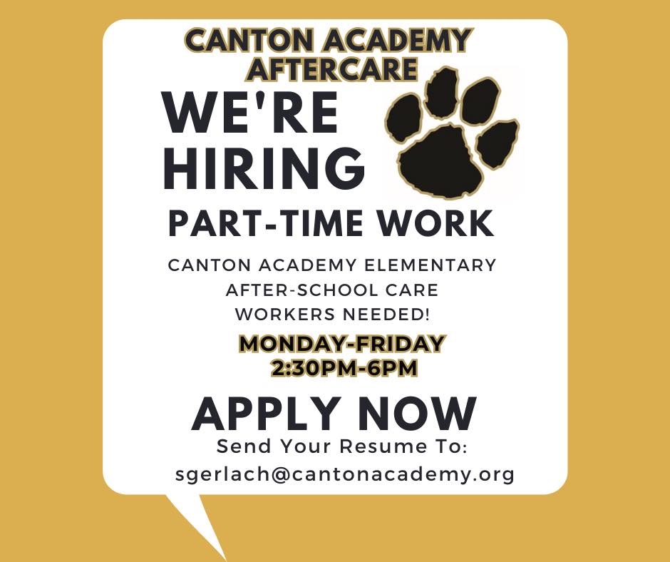 We're Hiring!
Canton Academy Elementary is seeking part-time staff for our After-School Care program.
📅 Monday–Friday | 🕝 2:30 PM – 6:00 PM
Interested candidates should send their resume to sgerlach@cantonacademy.org. #hiring #cantonms
