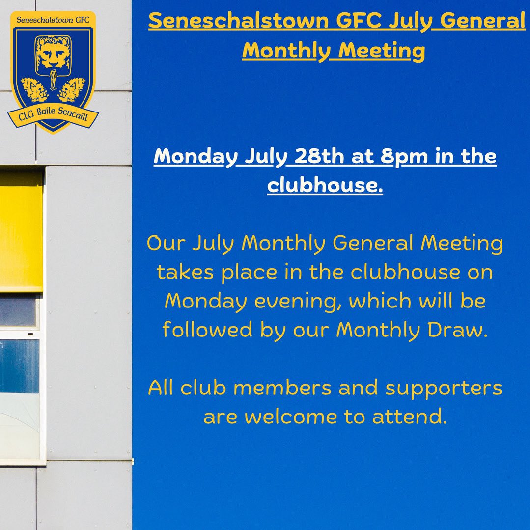 Our July Monthly General Meeting takes place in the clubhouse on Monday evening at 8pm, which will be followed by our Monthly Draw.

All club members and supporters are welcome to attend.